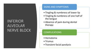 INFERIOR
ALVEOLAR
NERVE BLOCK
• Tingling & numbness of lower lip
• Tingling & numbness of one half of
the tongue
• Absence of pain during dental
therapy
SIGNS AND SYMPTOMS
• Hematoma
• Trismus
• Transient facial paralysis
COMPLICATIONS
 