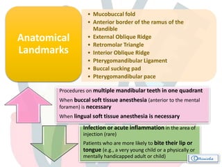• Mucobuccal fold
• Anterior border of the ramus of the
Mandible
• External Oblique Ridge
• Retromolar Triangle
• Interior Oblique Ridge
• Pterygomandibular Ligament
• Buccal sucking pad
• Pterygomandibular pace
Anatomical
Landmarks
Procedures on multiple mandibular teeth in one quadrant
When buccal soft tissue anesthesia (anterior to the mental
foramen) is necessary
When lingual soft tissue anesthesia is necessary 
Infection or acute inflammation in the area of
injection (rare)
Patients who are more likely to bite their lip or
tongue (e.g., a very young child or a physically or
mentally handicapped adult or child) 
 