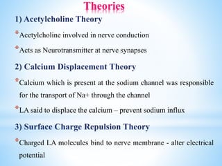 Theories
1) Acetylcholine Theory
*Acetylcholine involved in nerve conduction
*Acts as Neurotransmitter at nerve synapses
2) Calcium Displacement Theory
*Calcium which is present at the sodium channel was responsible
for the transport of Na+ through the channel
*LA said to displace the calcium – prevent sodium influx
3) Surface Charge Repulsion Theory
*Charged LA molecules bind to nerve membrane - alter electrical
potential
 