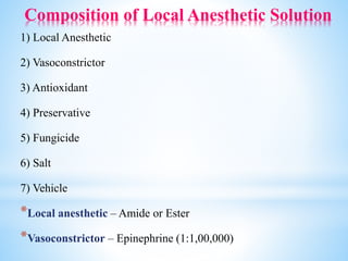 Composition of Local Anesthetic Solution
1) Local Anesthetic
2) Vasoconstrictor
3) Antioxidant
4) Preservative
5) Fungicide
6) Salt
7) Vehicle
*Local anesthetic – Amide or Ester
*Vasoconstrictor – Epinephrine (1:1,00,000)
 