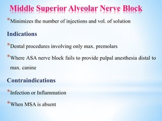 Middle Superior Alveolar Nerve Block
*Minimizes the number of injections and vol. of solution
Indications
*Dental procedures involving only max. premolars
*Where ASA nerve block fails to provide pulpal anesthesia distal to
max. canine
Contraindications
*Infection or Inflammation
*When MSA is absent
 