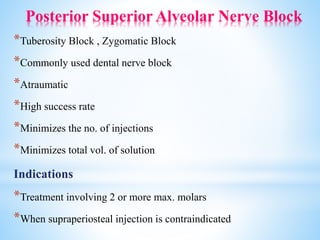 Posterior Superior Alveolar Nerve Block
*Tuberosity Block , Zygomatic Block
*Commonly used dental nerve block
*Atraumatic
*High success rate
*Minimizes the no. of injections
*Minimizes total vol. of solution
Indications
*Treatment involving 2 or more max. molars
*When supraperiosteal injection is contraindicated
 