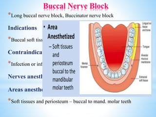 Buccal Nerve Block
*Long buccal nerve block, Buccinator nerve block
Indications
*Buccal soft tissue anesthesia (Mandibular molar region)
Contraindications
*Infection or inflammation
Nerves anesthetized - Buccal nerve
Areas anesthetized
*Soft tissues and periosteum – buccal to mand. molar teeth
 