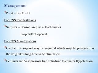 Management
*P – A – B – C – D
For CNS manifestations
*Seizures – Benzodiazepines / Barbiturates
Propofol/Thiopental
For CVS Manifestations
*Cardiac life support may be required which may be prolonged as
the drug takes long time to be eliminated
*IV fluids and Vasopressors like Ephedrine to counter Hypotension
 