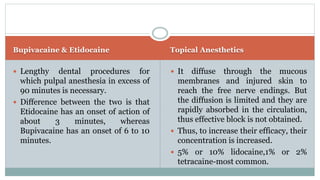 Bupivacaine & Etidocaine Topical Anesthetics
 Lengthy dental procedures for
which pulpal anesthesia in excess of
90 minutes is necessary.
 Difference between the two is that
Etidocaine has an onset of action of
about 3 minutes, whereas
Bupivacaine has an onset of 6 to 10
minutes.
 It diffuse through the mucous
membranes and injured skin to
reach the free nerve endings. But
the diffusion is limited and they are
rapidly absorbed in the circulation,
thus effective block is not obtained.
 Thus, to increase their efficacy, their
concentration is increased.
 5% or 10% lidocaine,1% or 2%
tetracaine-most common.
 