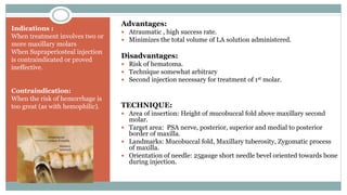 Advantages:
 Atraumatic , high success rate.
 Minimizes the total volume of LA solution administered.
Disadvantages:
 Risk of hematoma.
 Technique somewhat arbitrary
 Second injection necessary for treatment of 1st molar.
TECHNIQUE:
 Area of insertion: Height of mucobuccal fold above maxillary second
molar.
 Target area: PSA nerve, posterior, superior and medial to posterior
border of maxilla.
 Landmarks: Mucobuccal fold, Maxillary tuberosity, Zygomatic process
of maxilla.
 Orientation of needle: 25gauge short needle bevel oriented towards bone
during injection.
Indications :
When treatment involves two or
more maxillary molars
When Supraperiosteal injection
is contraindicated or proved
ineffective.
Contraindication:
When the risk of hemorrhage is
too great (as with hemophilic).
 