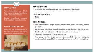 INDICATIONS:
When infraorbital nerve block
fails to provide pulpal anesthesia
distal to maxillary canine.
Dental procedures involving
both maxillary premolars only.
CONTRAINDICATIONS:
Infections or inflammations in
the area of injection or needle
insertion or drug deposition.
ADVANTAGES:
 Minimize the number of injection and volume of solution.
DISADVANTAGES:
 None
TECHNIQUE:
 Area of insertion: height of mucobuccal fold above maxillary second
premolar.
 Target area: maxillary area above apex of maxillary second premolar.
 Landmarks: mucobuccal fold above maxillary premolar.
 Orientation of needle: towards the bone.
 A 25 gauge short or long needle is recommended. However, a 27gauge
short needle is more likely to be available and is perfectly acceptable.
 