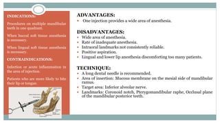 INDICATIONS:
Procedures on multiple mandibular
teeth in one quadrant.
When buccal soft tissue anesthesia
is necessary.
When lingual soft tissue anesthesia
is necessary.
CONTRAINDICATIONS:
Infection or acute inflammation in
the area of injection.
Patients who are more likely to bite
their lip or tongue.
ADVANTAGES:
 One injection provides a wide area of anesthesia.
DISADVANTAGES:
 Wide area of anesthesia.
 Rate of inadequate anesthesia.
 Intraoral landmarks not consistently reliable.
 Positive aspiration.
 Lingual and lower lip anesthesia discomforting too many patients.
TECHNIQUE:
 A long dental needle is recommended.
 Area of insertion: Mucous membrane on the mesial side of mandibular
ramus.
 Target area: Inferior alveolar nerve.
 Landmarks: Coronoid notch, Pterygomandibular raphe, Occlusal plane
of the mandibular posterior teeth.
 