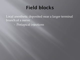 Local Anesthesia Field Block LOCAL ANESTHESIA ITS TYPES/ CLASSIFICATION/ MECHANISM OF ACTION USES ...
