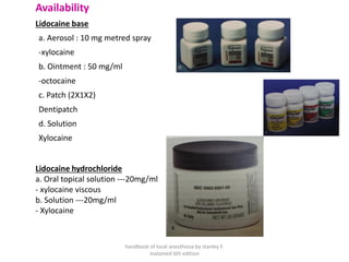 Availability
Lidocaine base
a. Aerosol : 10 mg metred spray
-xylocaine
b. Ointment : 50 mg/ml
-octocaine
c. Patch (2X1X2)
Dentipatch
d. Solution
Xylocaine
Lidocaine hydrochloride
a. Oral topical solution ---20mg/ml
- xylocaine viscous
b. Solution ---20mg/ml
- Xylocaine
handbook of local anesthesia by stanley F.
malamed 6th edition
 