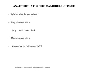• Inferior alveolar nerve block
• Lingual nerve block
• Long buccal nerve block
• Mental nerve block
• Alternative techniques of IANB
ANAESTHESIA FOR THE MANDIBULAR TISSUE
Handbook of Local Anesthesia. Stanley F Malamed. 5th Edition.
 