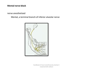 Mental nerve block
nerve anesthetized
Mental, a terminal branch of inferior alveolar nerve
handbook of local anesthesia by stanley F.
malamed 6th edition
 