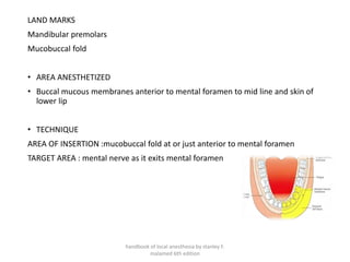LAND MARKS
Mandibular premolars
Mucobuccal fold
• AREA ANESTHETIZED
• Buccal mucous membranes anterior to mental foramen to mid line and skin of
lower lip
• TECHNIQUE
AREA OF INSERTION :mucobuccal fold at or just anterior to mental foramen
TARGET AREA : mental nerve as it exits mental foramen
handbook of local anesthesia by stanley F.
malamed 6th edition
 