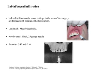 • In local infiltration the nerve endings in the area of the surgery
are flooded with local anesthestic solution.
• Landmark- Mucobuccal fold.
• Needle used- 1inch, 25 gauge needle
• Amount- 0.45 to 0.6 ml
Labial/buccal infiltration
Handbook of Local Anesthesia. Stanley F Malamed. 5th Edition
Mcdonald nad avery’s dentistry for the child and adolescent ,8th edition
.
 