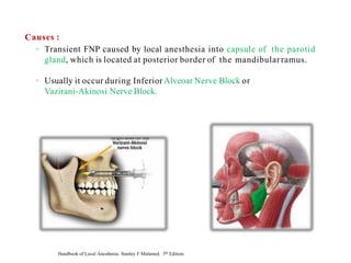 Causes :
◦ Transient FNP caused by local anesthesia into capsule of the parotid
gland, which is located at posterior border of the mandibularramus.
◦ Usually it occur during Inferior Alveoar Nerve Block or
Vazirani-Akinosi Nerve Block.
Handbook of Local Anesthesia. Stanley F Malamed. 5th Edition.
 