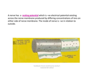 A nerve has a resting potential which is –ve electrical potential existing
across the nerve membrane produced by differing concentrations of ions on
either side of nerve membrane. The inside of nerve is –ve in relation to
outside.
handbook of local anesthesia by stanley F.
malamed 6th edition
 