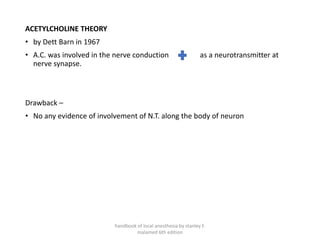 ACETYLCHOLINE THEORY
• by Dett Barn in 1967
• A.C. was involved in the nerve conduction as a neurotransmitter at
nerve synapse.
Drawback –
• No any evidence of involvement of N.T. along the body of neuron
handbook of local anesthesia by stanley F.
malamed 6th edition
 