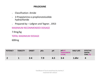 PRILOCAINE
➢ Classification- Amide
➢ 2-Propylamino-o-proplionotoluidide
hydrochloride
➢ Prepared by – Lofgren and Tegner , 1953
MAXIMUM RECOMMENDED DOSAGE
7.9mg/kg
TOTAL MAXIMUM DOSAGE
600mg
POTENCY TOXICITY ONSET pKa pH pH(WT.
VASOCONSTR
ICTOR)
HALF LIFE EFFECTIVE
DENTAL
CONC.(%)
2 1 2-4 7.9 4.5 3-4 1.6hr 4
handbook of local anesthesia by stanley F.
malamed 6th edition
 