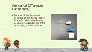Anatomical Differences
(Mandibular)
• Because of the decreased
thickness of soft tissue (about
15 mm), a short needle may
be recommended for the IANB
in younger, smaller patients
 