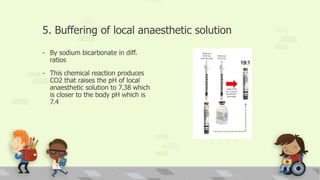 5. Buffering of local anaesthetic solution
- By sodium bicarbonate in diff.
ratios
- This chemical reaction produces
CO2 that raises the pH of local
anaesthetic solution to 7.38 which
is closer to the body pH which is
7.4
 