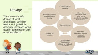 Dosage
The maximum safe
dosage of local
anesthetics, whether
topical or injected, is
generally increased when
used in combination with
a vasoconstrictor.
Vasoconstrictor
Constrict blood
vessels
Allow the
maximum total
dose of the
anesthetic agent to
be increased
Provide a
bloodless field for
surgical
procedures
Counteract the
vasodilatory
effects of the local
anesthetic
Prolong its
duration
Reduce systemic
absorption and
toxicity
 