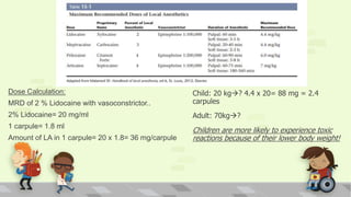 Child: 20 kg? 4.4 x 20= 88 mg = 2.4
carpules
Adult: 70kg?
Children are more likely to experience toxic
reactions because of their lower body weight!
Dose Calculation:
MRD of 2 % Lidocaine with vasoconstrictor..
2% Lidocaine= 20 mg/ml
1 carpule= 1.8 ml
Amount of LA in 1 carpule= 20 x 1.8= 36 mg/carpule
 