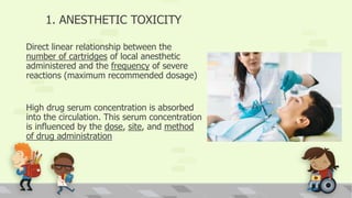 Direct linear relationship between the
number of cartridges of local anesthetic
administered and the frequency of severe
reactions (maximum recommended dosage)
High drug serum concentration is absorbed
into the circulation. This serum concentration
is influenced by the dose, site, and method
of drug administration
1. ANESTHETIC TOXICITY
 
