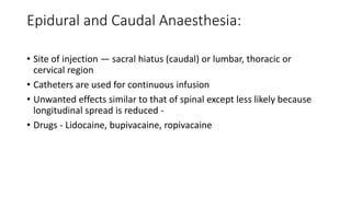 Epidural and Caudal Anaesthesia:
• Site of injection — sacral hiatus (caudal) or lumbar, thoracic or
cervical region
• Catheters are used for continuous infusion
• Unwanted effects similar to that of spinal except less likely because
longitudinal spread is reduced -
• Drugs - Lidocaine, bupivacaine, ropivacaine
 