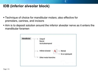 IDB (inferior alveolar block)


 Technique of choice for mandibular molars; also effective for
  premolars, canines, and incisors
 Aim is to deposit solution around the inferior alveolar nerve as it enters the
  mandibular foramen




Page  15
 