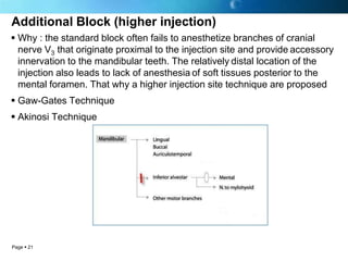 Additional Block (higher injection)
 Why : the standard block often fails to anesthetize branches of cranial
  nerve V3 that originate proximal to the injection site and provide accessory
  innervation to the mandibular teeth. The relatively distal location of the
  injection also leads to lack of anesthesia of soft tissues posterior to the
  mental foramen. That why a higher injection site technique are proposed
 Gaw-Gates Technique
 Akinosi Technique




Page  21
 