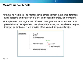 Mental nerve block


 Mental nerve block The mental nerve emerges from the mental foramen
  lying apical to and between the first and second mandibular premolars.
 LA injected in this region will diffuse in through the mental foramen and
  provide limited analgesia of premolars and canine, and to a lesser degree
  incisors on that side. It will provide effective soft-tissue analgesia.




Page  32
 
