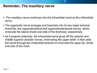 Reminder; The maxillary nerve


 The maxillary nerve continues into the infraorbital canal as the infraorbital
 nerve.
 The zygomatic nerve emerges and branches into its two major terminal
  branches, the zygomaticofacial and zygomaticotemporal nerves, which
  innervate the lateral cheek and side of the forehead, respectively.
 As it projects anteriorly, the infraorbital nerve gives off the anterior and
  middle superior alveolar nerves, innervating the upper teeth. It then exits
  the canal through the infraorbital foramen to innervate the upper lip, cheek
  and side of the nose.




Page  6
 