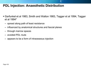 PDL Injection: Anaesthetic Distribution


 Garfunkel et al 1983, Smith and Walton 1983, Tagger et al 1994, Tagger
  et al 1994*
  – spread along path of least resistance
  – influenced by anatomical structures and fascial planes
  – through marrow spaces
  – avoided PDL route
  – appears to be a form of intraosseous injection




Page  60
 