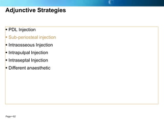 Adjunctive Strategies


 PDL Injection
 Sub-periosteal injection
 Intraosseous Injection
 Intrapulpal Injection
 Intraseptal Injection
 Different anaesthetic




Page  62
 