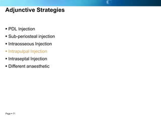 Adjunctive Strategies


 PDL Injection
 Sub-periosteal injection
 Intraosseous Injection
 Intrapulpal Injection
 Intraseptal Injection
 Different anaesthetic




Page  71
 