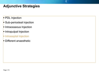 Adjunctive Strategies


 PDL Injection
 Sub-periosteal injection
 Intraosseous Injection
 Intrapulpal Injection
 Intraseptal Injection
 Different anaesthetic




Page  74
 