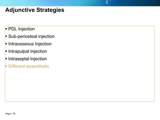 Adjunctive Strategies


 PDL Injection
 Sub-periosteal injection
 Intraosseous Injection
 Intrapulpal Injection
 Intraseptal Injection
 Different anaesthetic




Page  76
 