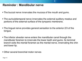Reminder : Mandibular nerve

 The buccal nerve innervates the mucosa of the mouth and gums.

 The auriculotemporal nerve innervates the external auditory meatus and
  portions of the external surface of the tympanic membrane.

 The lingual nerve provides general sensation to the anterior 2/3 of the
  tongue.

 The inferior alveolar nerve enters the mandibular canal through the
  mandibular foramen to innervate the lower teeth and gums. Its terminal
  branch exits the mental foramen as the mental nerve, innervating the chin
  and lower lip.

 Other several branchial motor nerves

Page  8
 