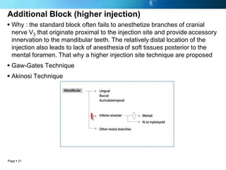 Additional Block (higher injection)
 Why : the standard block often fails to anesthetize branches of cranial
  nerve V3 t...