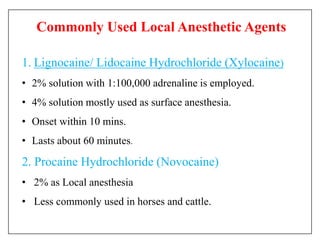 Commonly Used Local Anesthetic Agents
1. Lignocaine/ Lidocaine Hydrochloride (Xylocaine)
• 2% solution with 1:100,000 adrenaline is employed.
• 4% solution mostly used as surface anesthesia.
• Onset within 10 mins.
• Lasts about 60 minutes.
2. Procaine Hydrochloride (Novocaine)
• 2% as Local anesthesia
• Less commonly used in horses and cattle.
 