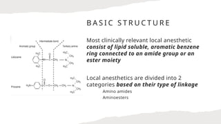 B A S I C S T R U C T U R E
Most clinically relevant local anesthetic
consist of lipid soluble, aromatic benzene
ring connected to an amide group or an
ester moiety
Local anesthetics are divided into 2
categories based on their type of linkage
Amino amides
Aminoesters
 