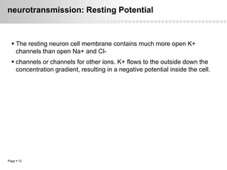 neurotransmission: Resting Potential



   The resting neuron cell membrane contains much more open K+
    channels than open Na+ and Cl-
   channels or channels for other ions. K+ flows to the outside down the
    concentration gradient, resulting in a negative potential inside the cell.




Page  12
 