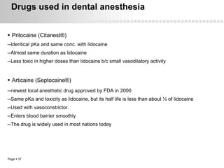 Drugs used in dental anesthesia


 Prilocaine (Citanest®)
--Identical pKa and same conc. with lidocaine
--Almost same duration as lidocaine
--Less toxic in higher doses than lidocaine b/c small vasodilatory activity


 Articaine (Septocaine®)
--newest local anesthetic drug approved by FDA in 2000
--Same pKa and toxicity as lidocaine, but its half life is less than about ¼ of lidocaine
--Used with vasoconstrictor.
--Enters blood barrier smoothly
--The drug is widely used in most nations today




Page  37
 