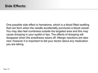 Side Effects:




    One possible side effect is hematoma, which is a blood filled swelling
    that can form when the needle accidentally punctures a blood vessel.
    You may also feel numbness outside the targeted area and this may
    cause drooping in your eyelid or lips. The effects of drooping will
    disappear when the anesthesia wears off. Allergic reactions are also
    rare; however it is important to tell your doctor about any medication
    you are taking.




Page  43
 