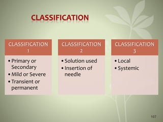 107
CLASSIFICATION
1
•Primary or
Secondary
•Mild or Severe
•Transient or
permanent
CLASSIFICATION
2
•Solution used
•Insertion of
needle
CLASSIFICATION
3
•Local
•Systemic
 