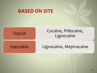 12
BASED ON SITE
Cocaine, Prilocaine,
Lignocaine
Topical
Lignocaine, MepivacaineInjectable
 