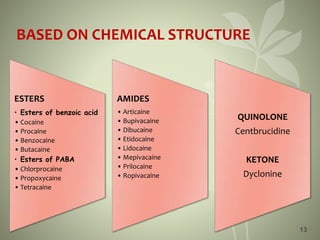 13
BASED ON CHEMICAL STRUCTURE
ESTERS
• Esters of benzoic acid
• Cocaine
• Procaine
• Benzocaine
• Butacaine
• Esters of PABA
• Chlorprocaine
• Propoxycaine
• Tetracaine
AMIDES
• Articaine
• Bupivacaine
• Dibucaine
• Etidocaine
• Lidocaine
• Mepivacaine
• Prilocaine
• Ropivacaine
QUINOLONE
Centbrucidine
KETONE
Dyclonine
 