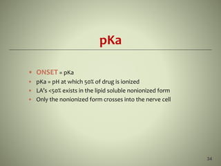 pKa
• ONSET = pKa
• pKa = pH at which 50% of drug is ionized
• LA’s <50% exists in the lipid soluble nonionized form
• Only the nonionized form crosses into the nerve cell
34
 