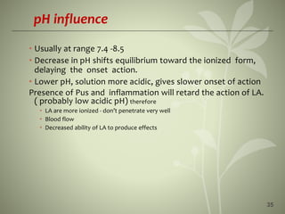 35
pH influence
• Usually at range 7.4 -8.5
• Decrease in pH shifts equilibrium toward the ionized form,
delaying the onset action.
• Lower pH, solution more acidic, gives slower onset of action
Presence of Pus and inflammation will retard the action of LA.
( probably low acidic pH) therefore
• LA are more ionized - don’t penetrate very well
• Blood flow
• Decreased ability of LA to produce effects
 