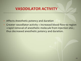41
VASODILATOR ACTIVITY
• Affects Anesthetic potency and duration
• Greater vasodilator activity = increased blood flow to region
=rapid removal of anesthetic molecule from injection site ;
thus decreased anesthetic potency and duration.
 